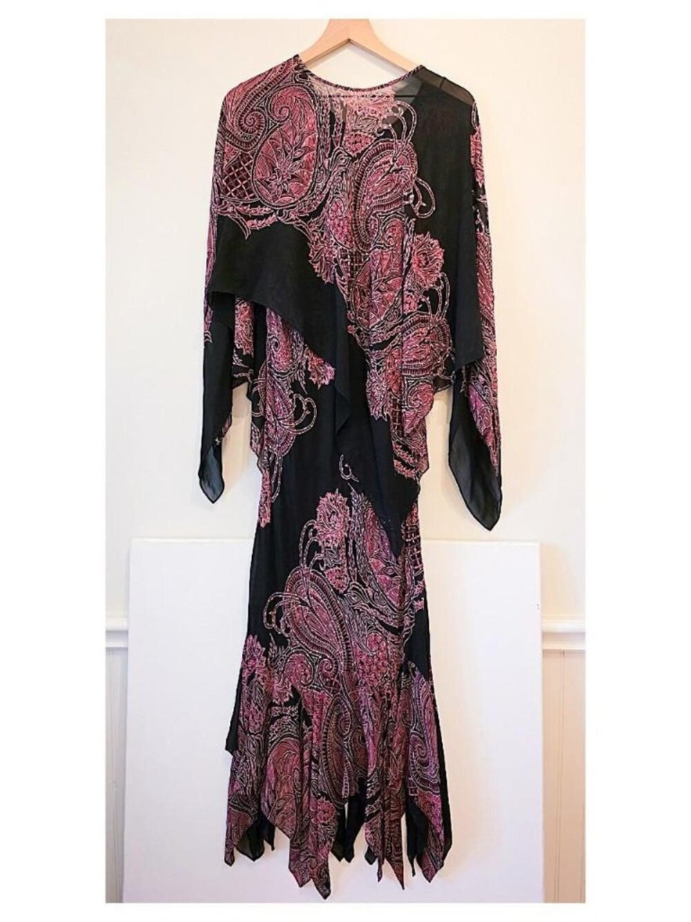 🖤 Y2K  beaded Boho Paisley Handkerchief Hem Midi Dress + Sheer Overlay Set
